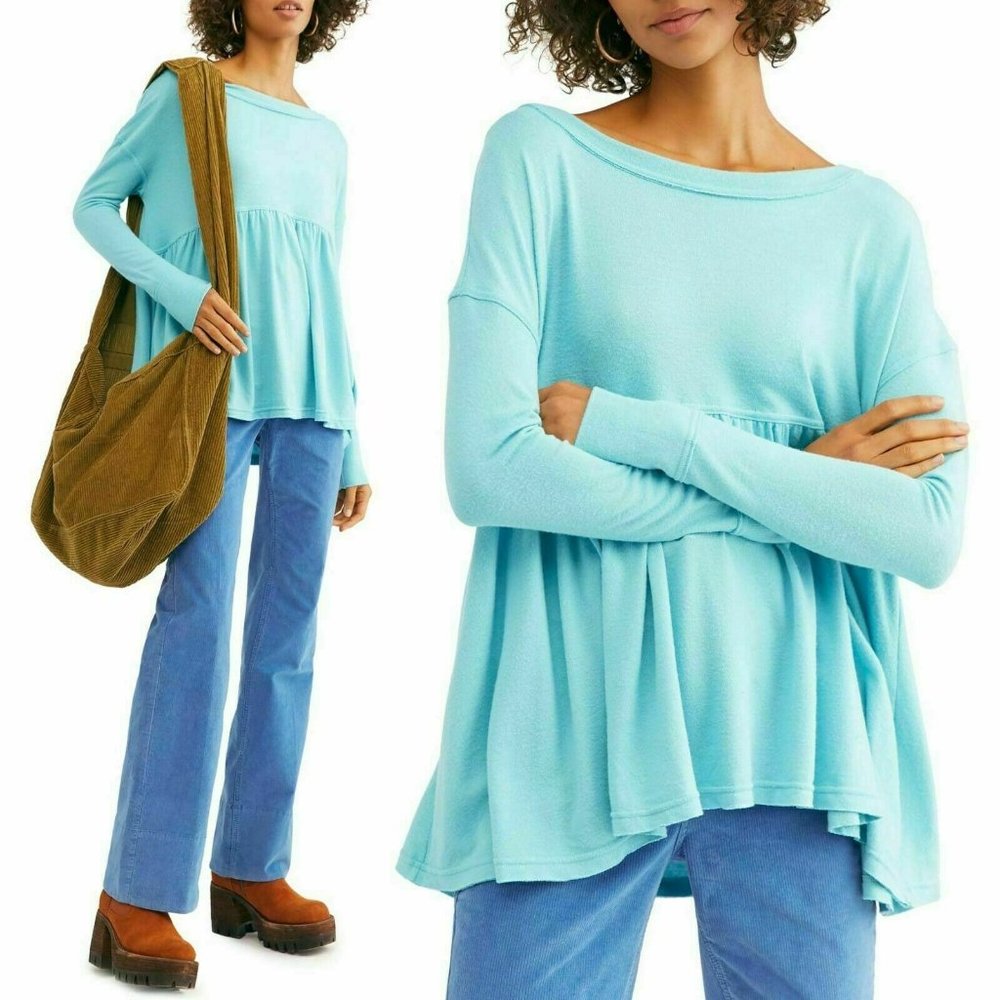 Free People Womens Top  Blue Babydoll Tee L/S NWT - Picture 2 of 9